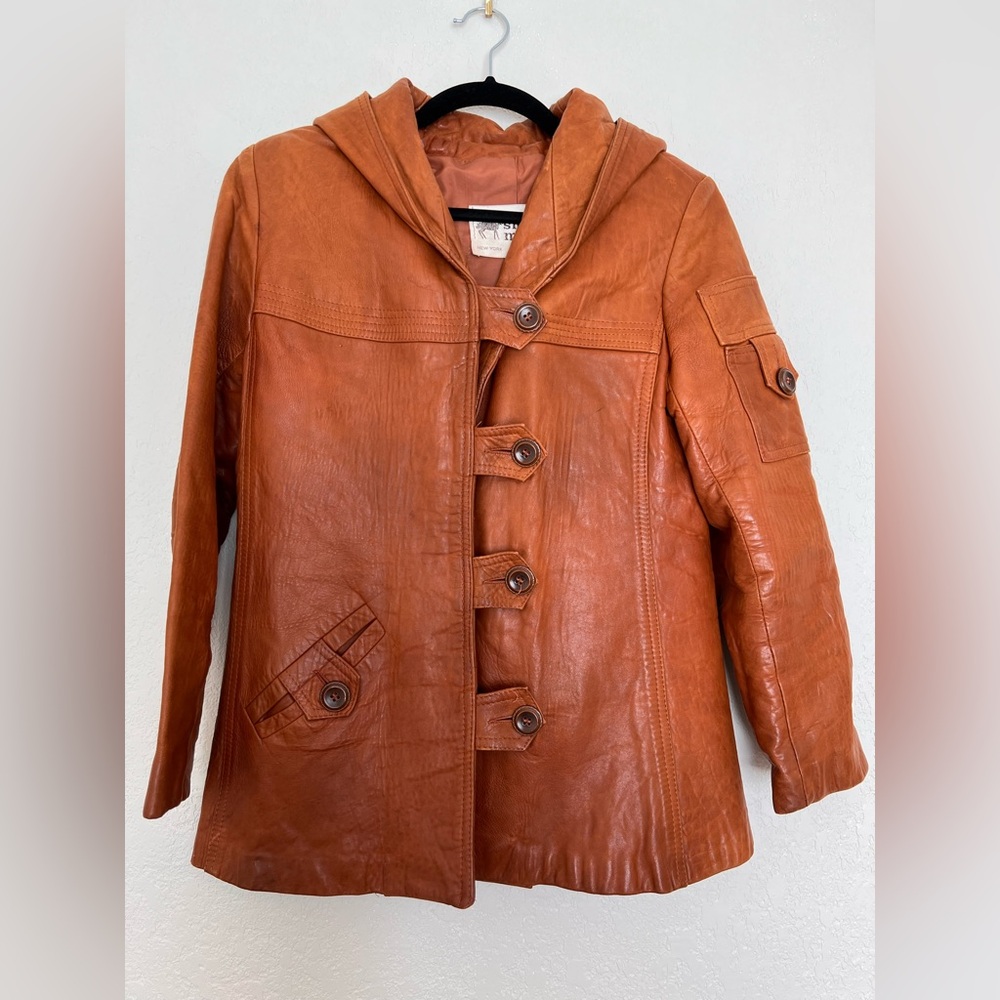 Vintage 70s Sheep Mates Hooded‎ Rust Leather Duffle Coat